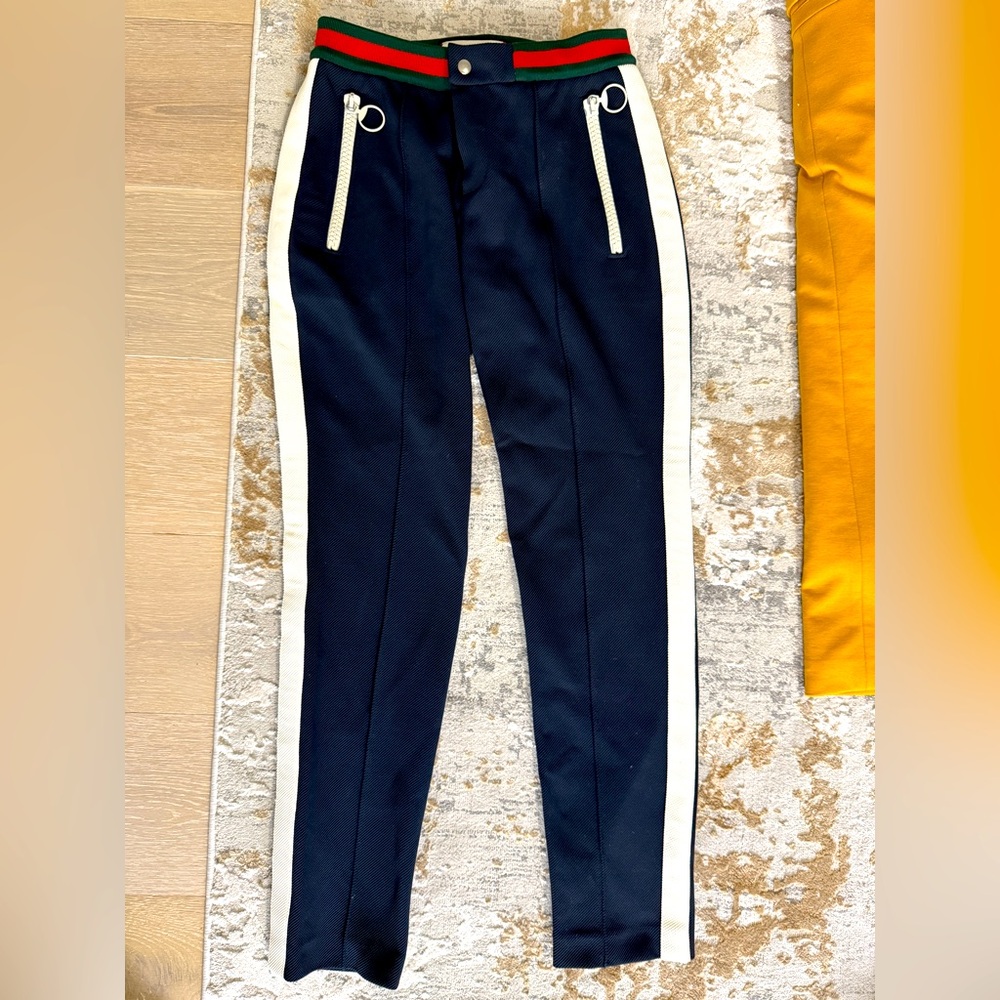 Gucci Blue pants with iconic Red and Green waistband Accents
